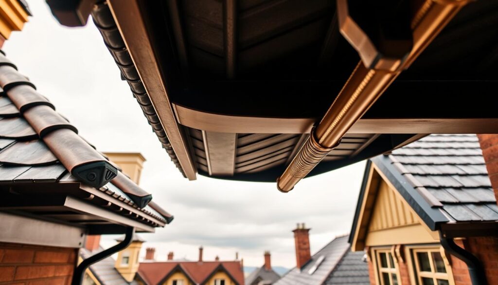 A detailed overhead view of Victorian-era box gutter roofs, bathed in warm, natural lighting. The foreground features intricate gutter sections, seamlessly integrated with the roof's ornate slate tiles. In the middle ground, a series of carefully placed expansion joints allow for controlled movement, while sturdy supports maintain the system's structural integrity. The background showcases the harmonious interplay of pitched rooflines, characteristic of Victorian architecture, set against a gently overcast sky. The scene conveys a sense of timeless elegance and meticulous engineering, befitting the technical subject of the article.