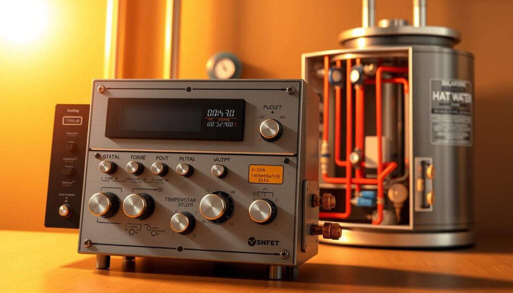 A detailed schematic illustration of a solar hot water element booster control system. The foreground depicts the central control unit with various knobs, switches, and digital displays. Accurately rendered metal and plastic components, with a clean and modern industrial design. The middle ground shows the thermostat and temperature sensors integrated into the system. The background features a cutaway view of the solar hot water storage tank, exposing the heating element and plumbing. Warm lighting illuminates the scene, conveying a sense of technical functionality. The overall atmosphere is one of precision engineering and reliable performance, suitable for illustrating the solar hot water boost controls.