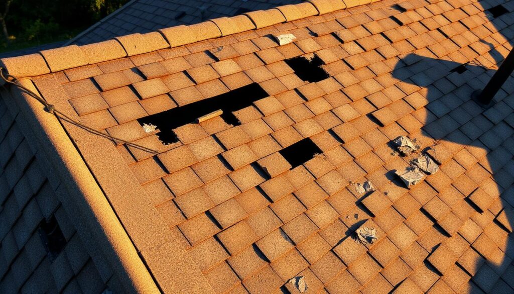 A dilapidated roof with several missing shingles, exposing the underlying structure. The missing shingles create an irregular, weathered pattern across the rooftop, casting mottled shadows that accentuate the damage. The roof is bathed in warm, golden late-afternoon sunlight, creating a sense of urgency and the need for prompt attention. The scene conveys the importance of regular roof maintenance and the vulnerability of a home to summer storms when key protective elements are compromised.