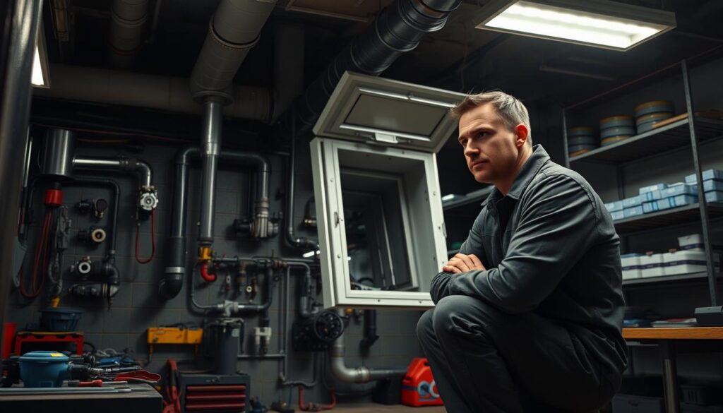 A dimly lit industrial workshop, tools and spare parts neatly arranged on workbenches. A plumber in coveralls kneels beside an open inspection hatch, scrutinizing the drainage system. Overhead, recessed lighting casts soft shadows, highlighting the intricate network of pipes, valves, and fittings. In the background, shelves hold an array of replacement components, ready for quick troubleshooting and repair. The atmosphere is one of focused professionalism, with the plumber's expression conveying a deep understanding of the task at hand - maintaining the efficient flow of water to prevent damage and ensure the longevity of the drainage system.