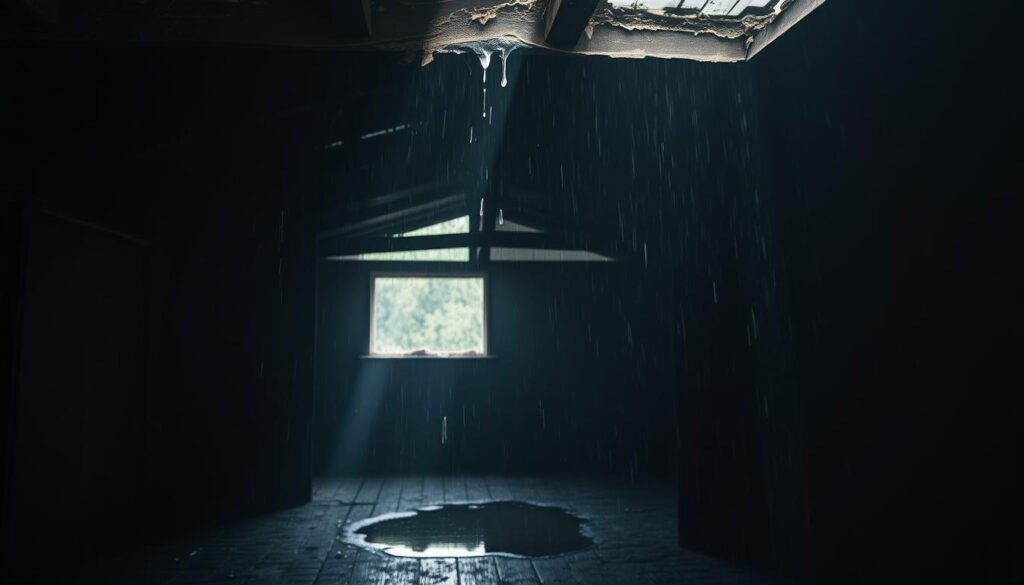 A dimly lit interior, a weathered roof in the foreground, water dripping from a cracked and sagging ceiling. Beams of diffused sunlight pierce through the gaps, casting a moody, atmospheric glow. The air is heavy with the scent of damp wood and the muffled patter of rain outside. In the middle ground, a puddle forms on the dusty floorboards, a testament to the relentless onslaught of the storm. The background is hazy, the walls and corners obscured, heightening the sense of isolation and the urgency of the situation. The overall mood is one of deterioration, neglect, and the pressing need for immediate repair.