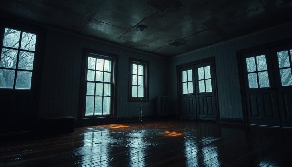 A dimly lit interior space, rain-battered windows casting a moody, atmospheric glow. A ceiling corner, damp and discolored, with water droplets cascading down the wall in a slow, steady drip. Pooling water on the hardwood floor, reflecting the somber, muted tones of the room. The air thick with the musty scent of neglect and the ominous sense of unchecked water damage. A weathered, worn appearance heightens the sense of urgency, conveying the need for timely intervention to prevent further deterioration.