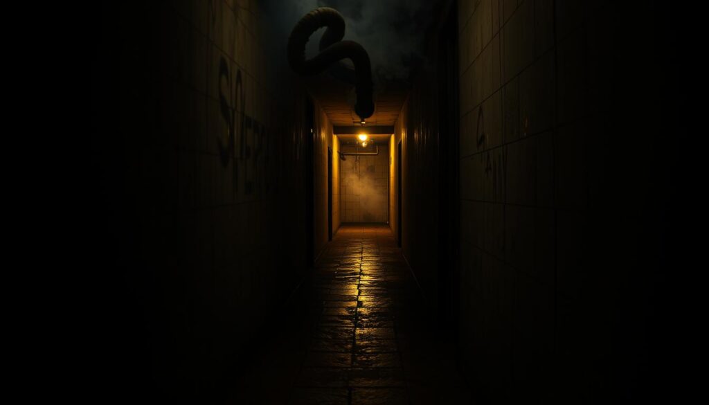 A dimly lit, narrow hallway with a sense of confinement and unease. The air is thick with the pungent, sulfurous stench of sewer gas, its noxious tendrils seeping through cracks and crevices. Shadows linger in the corners, hinting at the unseen source of the foul odor. The lighting is low, with a warm, amber glow casting an eerie ambiance. The walls are aged, the floor tiles cracked and discolored, adding to the overall sense of neglect and disrepair. The scene conveys a feeling of discomfort and the need for immediate investigation to pinpoint the origin of the unpleasant smell.
