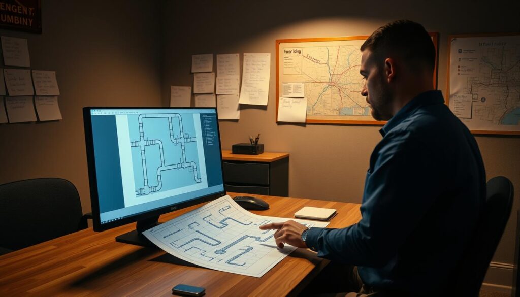 A dimly lit office space, with a large desk at the center. On the desk, a computer monitor displays a detailed schematic of a plumbing system. In the foreground, an emergency plumber meticulously examines the schematic, tracing the pipes with a calloused finger. The room is illuminated by a soft, warm light, casting subtle shadows that convey a sense of focused concentration. In the background, a bulletin board is covered with handwritten notes, dispatch logs, and a map of the local area, highlighting the interconnected nature of the plumber's response process. The overall atmosphere is one of purposeful efficiency, where every detail is carefully considered to ensure a seamless and reliable emergency plumbing service.