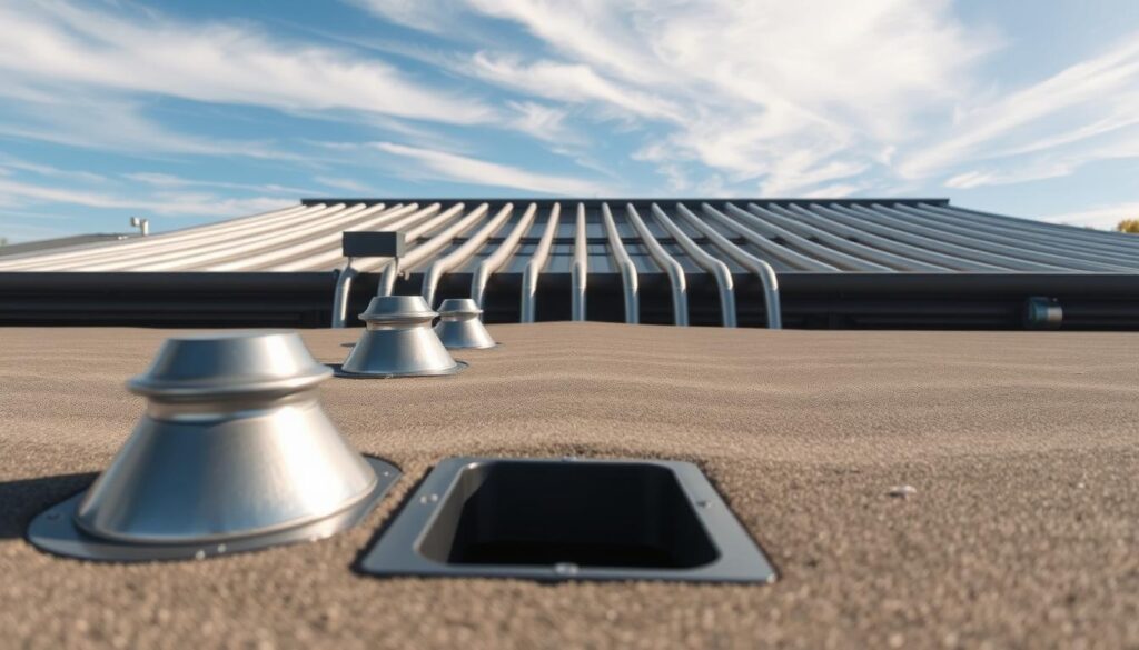 A flat roof in a warm, sunny Australian climate, with a well-designed drainage system. In the foreground, a series of strategically placed scuppers channel rainwater into downpipes, their metal surfaces gleaming in the light. The middle ground features a neat, organized array of downpipes, efficiently directing the water away from the building. In the background, a clear blue sky with wispy clouds, creating a sense of openness and tranquility. The scene is illuminated by soft, diffused lighting, highlighting the textures of the materials and the precision of the drainage system. The overall mood conveys a sense of functional elegance, reflecting the importance of effective roof drainage in the local environment.