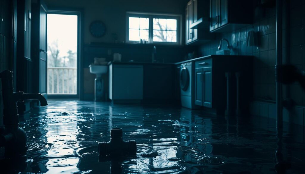 A flooded kitchen interior with water damage on the floor, walls, and cabinets. Broken pipes and leaking faucets in the foreground, creating a chaotic and stressful scene. Dim, moody lighting casts long shadows, heightening the sense of urgency. A window in the background offers a glimpse of the outside world, providing a glimmer of hope. The overall atmosphere conveys a sense of panic and the need for immediate action to mitigate the water damage and prevent further destruction.