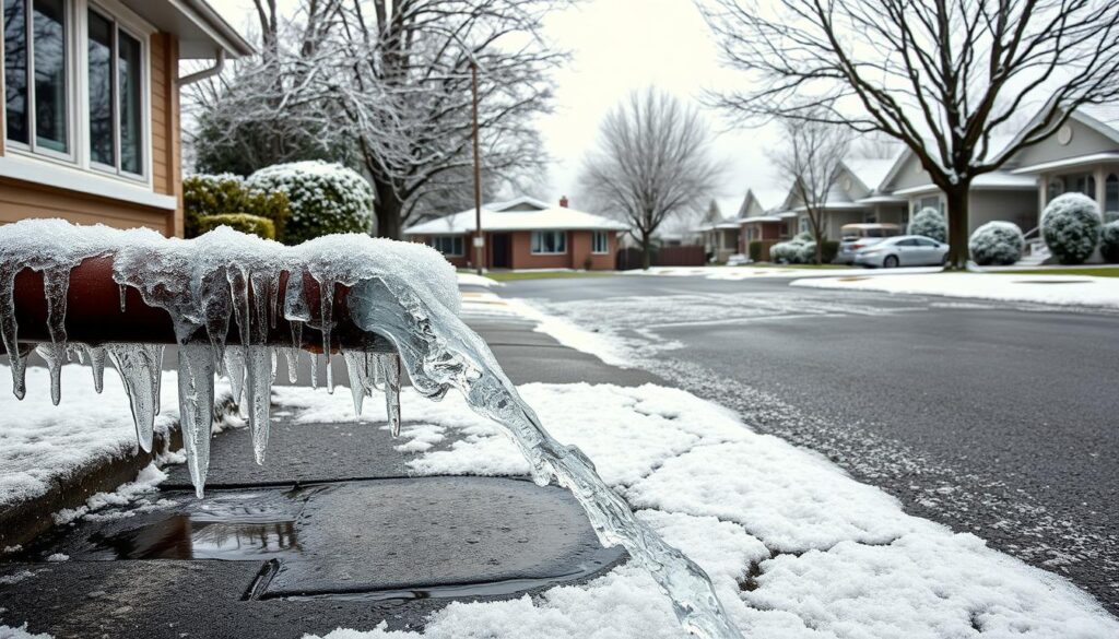 A frozen residential street in Melbourne, Australia. In the foreground, burst pipes spew icy water, forming jagged icicles and frozen puddles on the cracked pavement. Thick frost covers the exposed pipes, windows, and trees, creating a stark, wintry atmosphere. The middle ground features a partially snow-covered lawn and a small, single-story house, its roof blanketed in snow. In the background, a row of similar houses stretch into the distance, their facades partially obscured by a hazy, overcast sky. The scene conveys the harsh realities of a rare cold snap in this typically temperate city, underscoring the urgency to address frozen pipes.