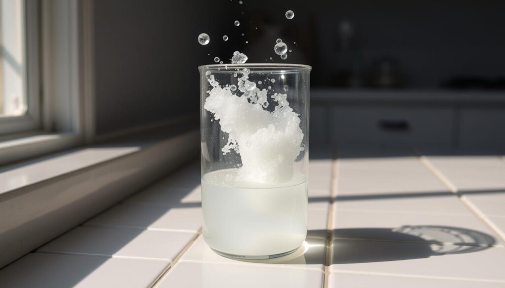 A glass beaker filled with a fizzing mixture of baking soda and white vinegar, bubbling and effervescent, placed on a white tile countertop. The setup is illuminated by natural light streaming in from a window, casting soft shadows and highlights. The scene is photographed from a slight angle, capturing the dynamic reaction in detail. The overall mood is one of scientific experimentation, with the clear glass container showcasing the chemical interaction in a visually compelling way.