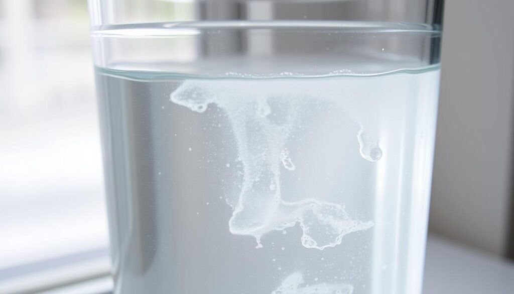 A glass container filled with clear, lukewarm water, gently rippling with a soft sheen. The water appears slightly hazy, with a hint of sediment or mineral deposits. Soft, diffused natural light from a window bathes the scene, creating a warm, inviting atmosphere. The container has a simple, minimalist design, allowing the focus to remain on the captivating fluid within. The overall scene conveys a sense of tranquility and the everyday experience of dealing with lukewarm or fluctuating water temperatures.