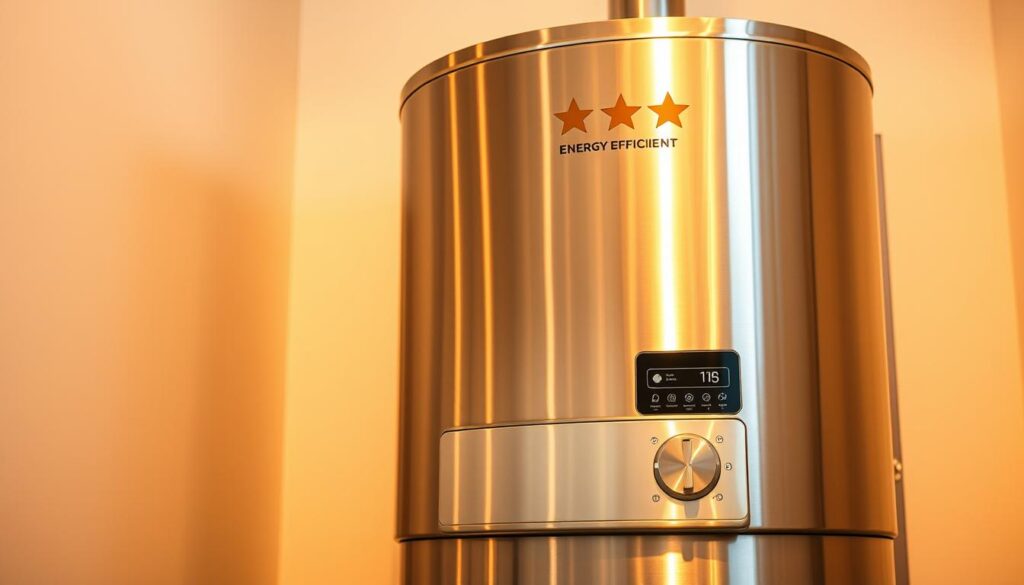 A gleaming 5-star energy-efficient hot water tank, bathed in warm, golden light. The stainless steel exterior reflects the room's ambient glow, exuding a sense of quality and durability. In the foreground, the tank's controls and display panel are prominently featured, showcasing the advanced technology and precise temperature regulation. The background is a minimalist, clean space, allowing the tank to take center stage as the star performer. The overall composition conveys a feeling of reliable, high-performance heating that will keep your home's hot water supply consistently abundant and energy-efficient.