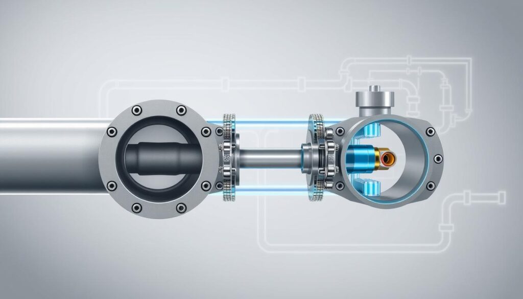 A high-quality technical illustration depicting a double block and bleed system for gas line isolation. The foreground shows a cross-section of a gas pipe with two valves in a closed position, creating a sealed compartment between them. The middle ground showcases the interior workings of the valves, with clear visualization of the flow paths and the bleed port for pressure release. The background provides context with a muted, schematic-style rendering of the surrounding piping infrastructure. Crisp, technical lighting accentuates the precision engineering, while a neutral color palette reinforces the functional, industrial nature of the subject matter.