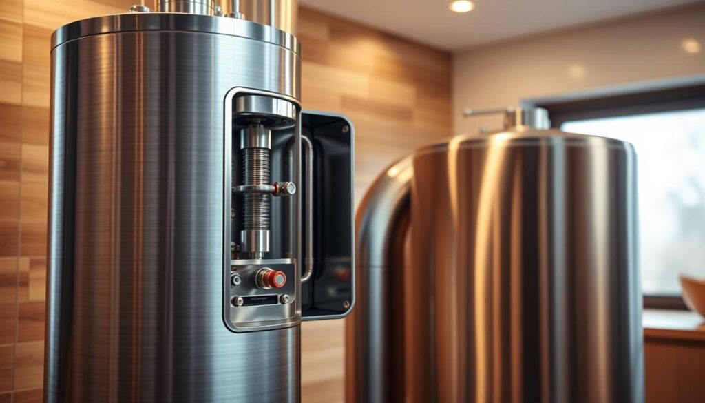 A high-resolution, detailed image of the AquaMAX 390 gas storage water heater system. Prominently featured in the foreground is the sleek, stainless steel casing with clean lines and a brushed finish. The middle ground showcases the tank's internal components, including the advanced burner system and temperature controls, rendered with technical precision. The background depicts a warm, well-lit interior setting, with subtle reflections on the stainless steel surface to convey a sense of quality and sophistication. Careful attention is paid to lighting, angles, and depth of field to highlight the key features and design elements of this premium hot water appliance.