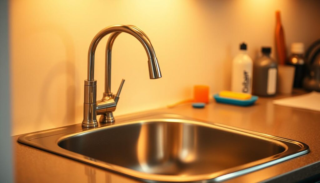 A kitchen sink nestled against the wall, its stainless steel basin gleaming under warm, soft lighting. The faucet's elegant curves cast gentle shadows, hinting at its functionality. Surrounding the sink, the counter is neatly organized, with a few small items like a sponge and a bottle of dish soap, suggesting a well-used but tidy workspace. The background is slightly blurred, allowing the sink to take center stage, showcasing its role as the heart of the kitchen. The overall scene conveys a sense of order and purposeful design, inviting the viewer to imagine this as a space where children's curiosity and mischief could easily lead to unexpected plumbing challenges.