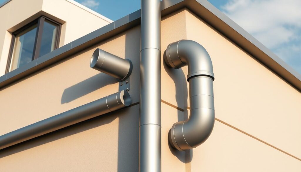 A large, modern metal downpipe system set against a background of a contemporary, minimalist architecture. The downpipes are made of high-quality steel or aluminum, with a sleek, uniform matte finish. They are positioned at the corners of the building, seamlessly integrated into the architectural design. Sunlight casts long shadows from the downpipes, creating a sense of depth and dimension. The scene conveys a clean, efficient, and well-thought-out approach to effective roof drainage, suitable for a commercial or residential setting.