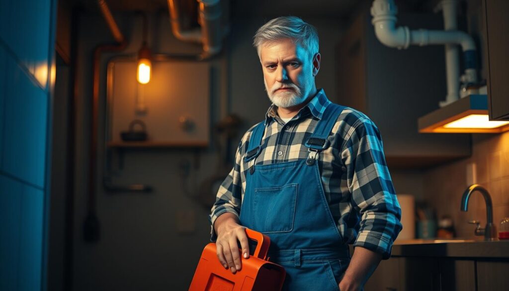 A middle-aged man in a plaid shirt and blue overalls, carrying a toolbox, stands in a dimly lit kitchen, surrounded by pipes and plumbing fixtures. His face is determined as he examines a leaking faucet, ready to spring into action. The scene is lit by a warm, incandescent light, casting shadows that add depth and drama. The background blurs out, emphasizing the plumber's focus on the task at hand. The overall atmosphere conveys a sense of urgency and the need for a skilled professional to solve the unexpected plumbing emergency.