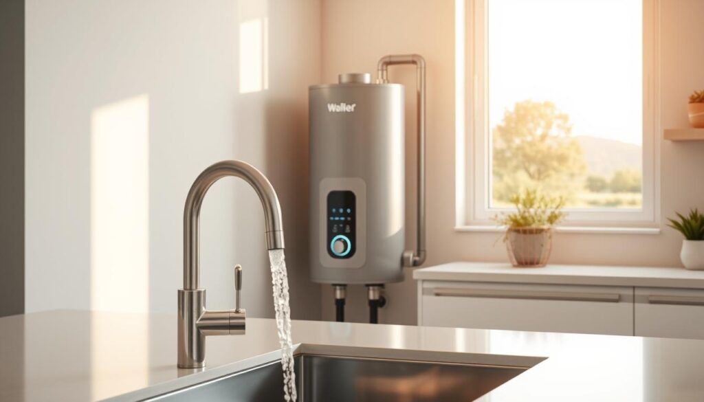 A modern, energy-efficient hot water system sits prominently in a well-lit, minimalist kitchen. The sleek, cylindrical tank is surrounded by clean lines and neutral tones, blending seamlessly into the minimalist design. Warm, indirect lighting casts a soft glow, highlighting the system's efficient controls and smart features. In the foreground, a kitchen faucet drips hot water into a clean, stainless-steel sink, while the middle ground showcases the system's compact size and unobtrusive profile. The background features a bright, airy window overlooking a serene outdoor landscape, creating a sense of balance and tranquility.