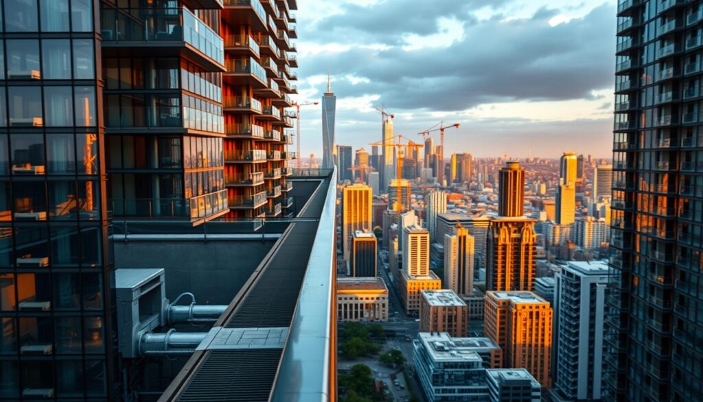 A modern high-rise building in a bustling city skyline, with a focus on the balconies and their drainage systems. In the foreground, a detailed close-up view of a balcony balustrade, showcasing the intricate waterproofing interfaces and drainage channels. The middle ground features a panoramic view of the cityscape, with skyscrapers and cranes in the distance, hinting at the urban environment and the need for compliance with regulations. The background is illuminated by warm, golden hour lighting, casting a sense of authority and gravity upon the scene. The overall mood is one of technical precision and the importance of adherence to standards, reflecting the subject of the article's section on "Compliance in Australia: regulations, standards and risk".