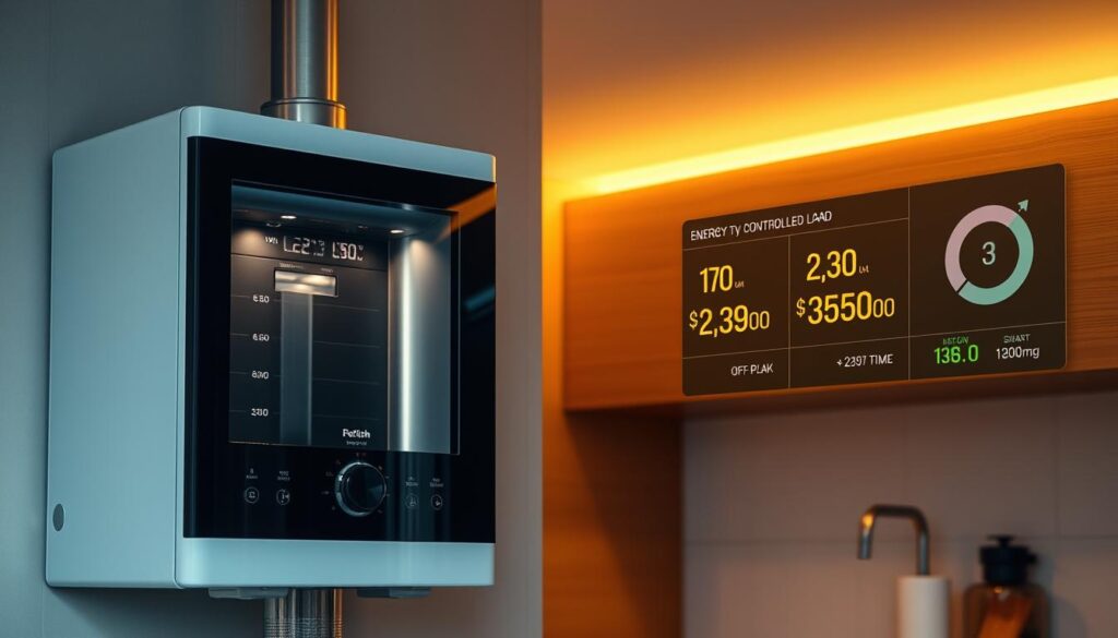 A modern kitchen interior with a glass-fronted electric water heater prominently displayed. Warm, ambient lighting illuminates the sleek, minimalist design of the appliance, showcasing its high-efficiency capabilities. In the background, a digital energy tariff display panel is visible, providing real-time information on off-peak and controlled load pricing and usage. The overall scene conveys a sense of energy-conscious optimization, where advanced water heating technology and smart metering work in harmony to deliver cost-effective and sustainable hot water solutions for Australian households.