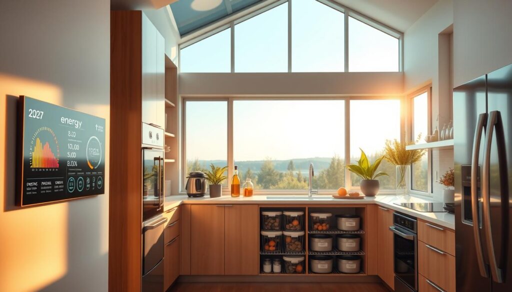 A modern, minimalist kitchen with stainless steel appliances and a sleek, efficient layout. Warm, natural lighting filters through large windows, creating a cozy ambiance. In the foreground, a digital display board showcases energy consumption data, helping the homeowner track costs and optimize usage. The middle ground features a well-organized storage system, with neatly labeled containers and energy-efficient LED lighting. In the background, a serene garden vista provides a calming, eco-friendly backdrop, emphasizing the property's sustainable design.