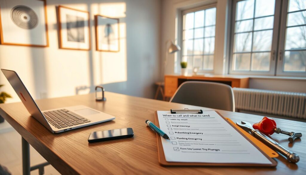 A modern, well-lit home office with a desk, laptop, and smartphone. On the desk, a clipboard with a checklist labeled "When to call and what to send" and a pen. Next to the clipboard, a folder labeled "Plumbing Emergency" and a set of tools, such as a wrench and plunger. The room has large windows letting in natural light, creating a warm, inviting atmosphere. The walls are decorated with minimalist, elegant art pieces. The overall scene conveys a sense of organization, efficiency, and preparedness for handling a plumbing emergency.