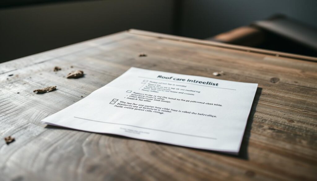 A neatly organized roof maintenance checklist, meticulously laid out on a weathered wooden surface, with a soft, natural light illuminating the scene. The checklist items are presented in a clean, minimalist style, allowing the information to take center stage. The background is blurred, creating a sense of focus and depth, while the overall mood conveys a sense of preparedness and attention to detail, perfectly suited for the "Winter roof care in Melbourne" article.