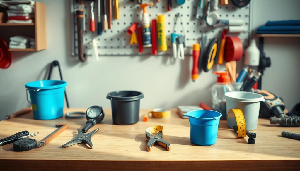 A neatly organized workshop table with various DIY plumbing tools and materials, including a water meter, pliers, tape measure, and a small bucket. Soft, natural lighting casts gentle shadows, emphasizing the thoughtful arrangement. In the background, a wall-mounted storage system holds additional supplies, creating a sense of order and practicality. The scene conveys a mood of problem-solving, efficiency, and a proactive approach to home maintenance, reflecting the section's focus on "Smart DIY measures that stop minor issues becoming emergencies".