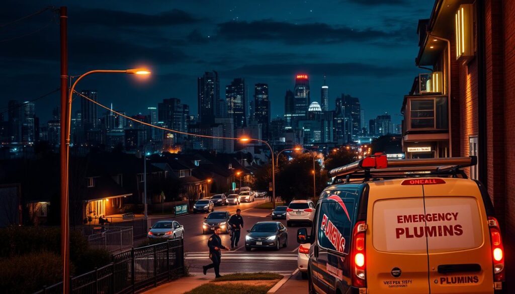 A nighttime cityscape, lit by warm streetlamps and neon signs. In the foreground, a busy plumbing van pulls up to a residential home, its roof emblazoned with the words "OnCall Emergency Plumbers". Uniformed technicians rush to the door, carrying tools and equipment. The middle ground features a busy urban street, with passing cars and pedestrians. In the background, a skyline of high-rise buildings and a starry, moody sky. The overall scene conveys a sense of urgency, expertise, and reliable 24/7 service.