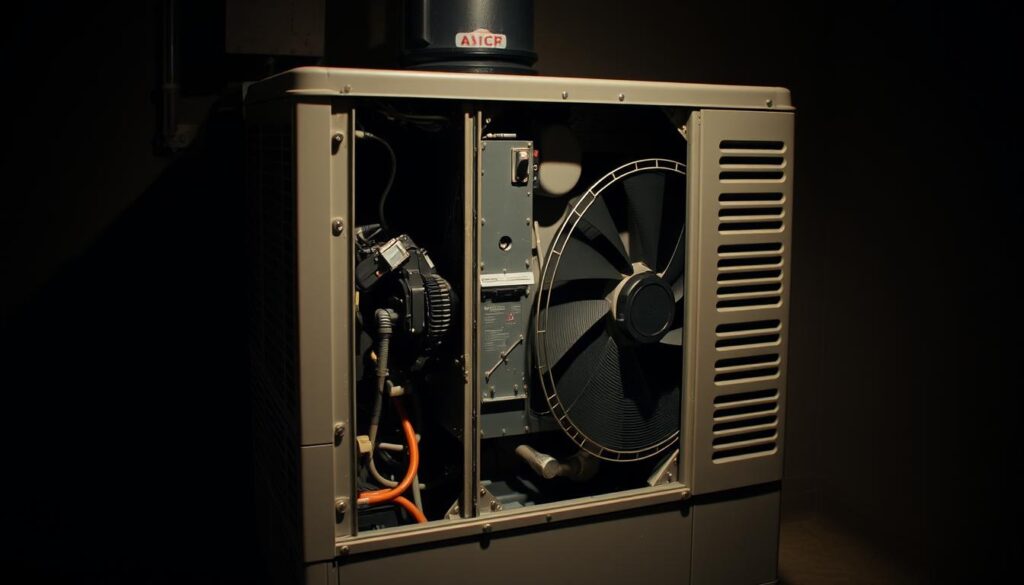 A noisy heat pump in a dimly lit utility room, with its outer casing partially removed, revealing the intricate inner workings. The pump's compressor emits a constant, low-frequency rumble, while fans whir with a high-pitched whine. The lighting is harsh, casting deep shadows and highlighting the machine's mechanical complexity. The overall scene conveys a sense of frustration and the need for a practical solution to address the disruptive noise. The background is a neutral, muted tone, allowing the focus to remain on the problematic heat pump.