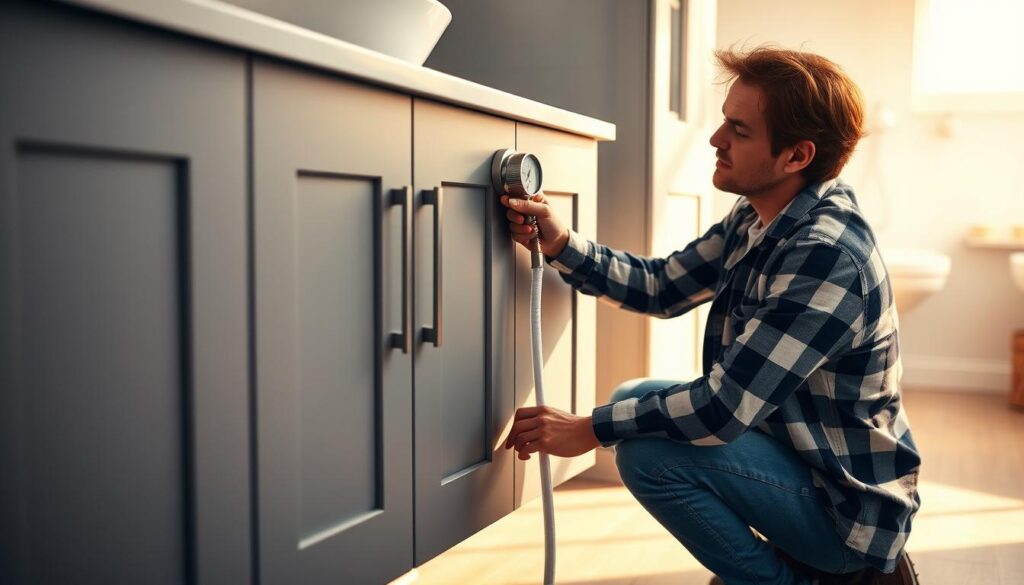 A person in a plaid shirt and jeans, kneeling next to a bathroom vanity and using a water pressure gauge to measure the flow from a faucet. Soft, natural lighting illuminates the scene, casting warm shadows. The vanity is a muted gray with chrome fixtures. The background is blurred, but suggests a clean, modern bathroom interior. The person's expression is one of focus and concentration as they interpret the gauge reading. The overall mood is one of problem-solving and diagnostic investigation.