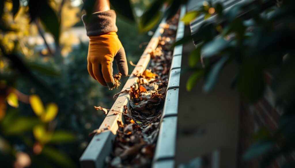 A picturesque scene of a well-maintained gutter in a leafy Melbourne suburb. A person wearing sturdy work gloves carefully clearing out accumulated leaves and debris, ensuring the gutter's smooth drainage. Warm, soft lighting illuminates the scene, casting subtle shadows that accentuate the texture of the gutter's surface. The surrounding foliage frames the image, creating a sense of tranquility and attention to detail. The overall mood conveys a sense of diligence and pride in maintaining one's home, with the gutter serving as a vital component in preserving the property's aesthetic appeal and functionality.