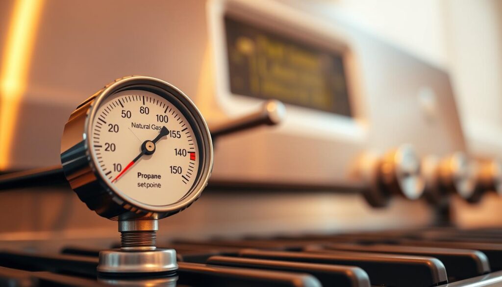 A precision manometer displays the natural gas and propane set-points for a residential appliance, backlit by a warm glow. The foreground features the manometer's faceplate, with clearly marked pressure readings in inches of water column. The middle ground showcases the gas line connections, sleek metal fittings, and control knobs. The background is softly diffused, highlighting the appliance's stainless steel housing and creating a sense of depth. Warm lighting casts subtle shadows, emphasizing the technical details and the importance of accurately setting the fuel pressures for optimal performance.