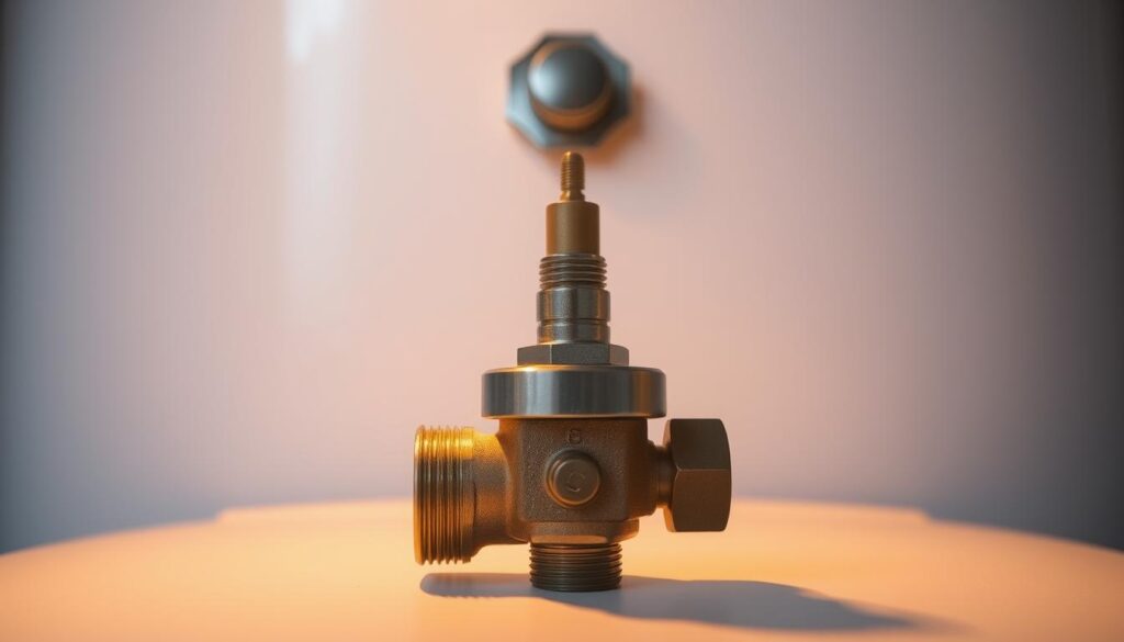 A pressure relief valve, its metallic casing gleaming under soft, warm lighting, sits prominently in the foreground. Intricate mechanical details are visible, conveying its technical nature. In the middle ground, a simple, minimalist background provides context, suggesting the valve's placement within a domestic hot water tank system. The overall mood is one of understated functionality, hinting at the valve's essential role in maintaining safety and stability during potential malfunctions.