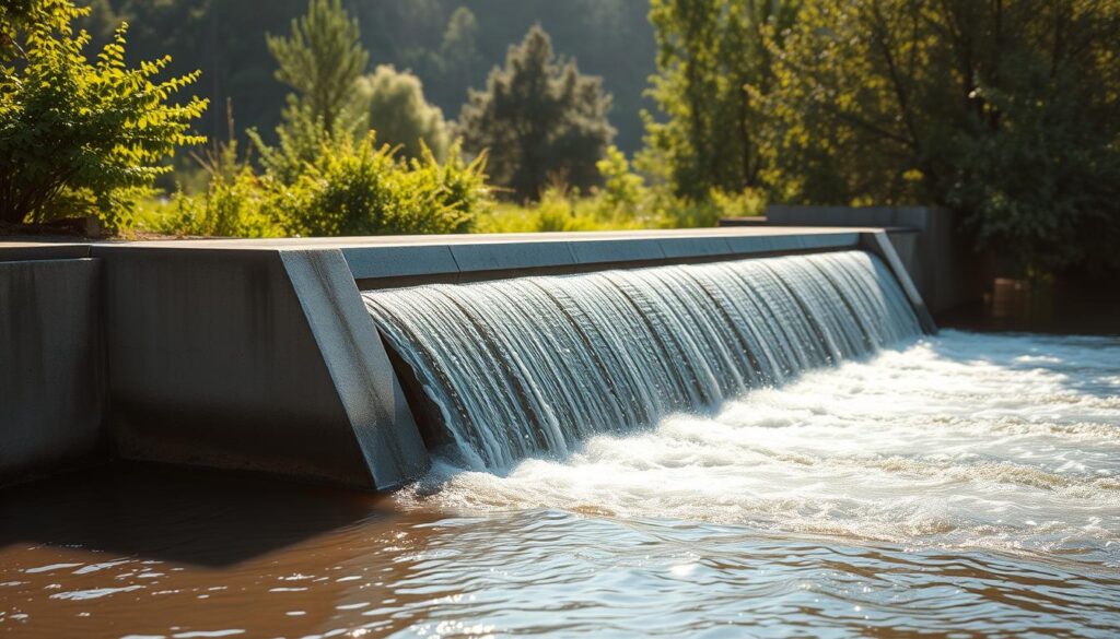 A pristine, high-resolution image of a concrete overflow weir set against a backdrop of lush greenery. The weir has a smooth, rectangular profile with a sharp crest, showcasing its engineered efficiency. Sunlight filters through the scene, casting warm shadows and highlights that accentuate the weir's structure and the surrounding landscape. The water flow is depicted with a subtle, naturalistic movement, hinting at the weir's function in managing excess rainfall. The overall atmosphere conveys a sense of technical precision and environmental integration, aligning with the article's focus on dependable performance.