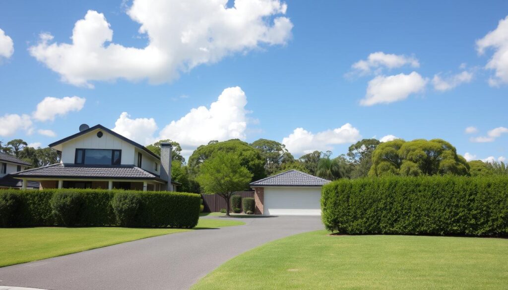 A residential property in Australia, with a well-manicured lawn and a neatly trimmed hedge lining the driveway. In the foreground, a modern, two-story house with a tiled roof, large windows, and a well-maintained exterior. The middle ground features a paved driveway leading to a detached garage, and the background showcases lush, verdant trees and a clear blue sky with fluffy white clouds. The overall scene conveys a sense of prosperity, stability, and responsible homeownership, reflecting the theme of "Responsibility and insurance considerations in Australia."