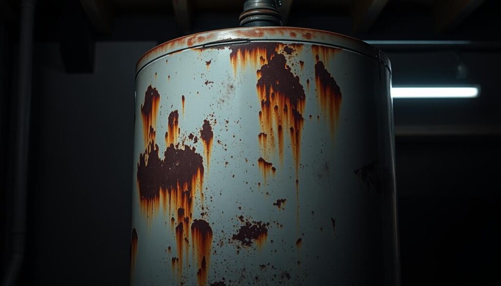 A rusted water heater tank, its surface pitted and discolored, standing tall against a backdrop of dimly lit utility room. The tank's weathered exterior casts a somber, worn-in atmosphere, evoking a sense of neglect and the passage of time. Harsh, unforgiving overhead lighting casts deep shadows, accentuating the tank's imperfections and lending a moody, industrial feel to the scene. The tank's metallic form dominates the frame, its bulky silhouette commanding attention, a stark reminder of the essential yet often overlooked role it plays in a home's plumbing system. The overall composition conveys the idea of a faulty, problematic water heater tank, the root cause of the "rusty hot water" dilemma described in the article's section title.