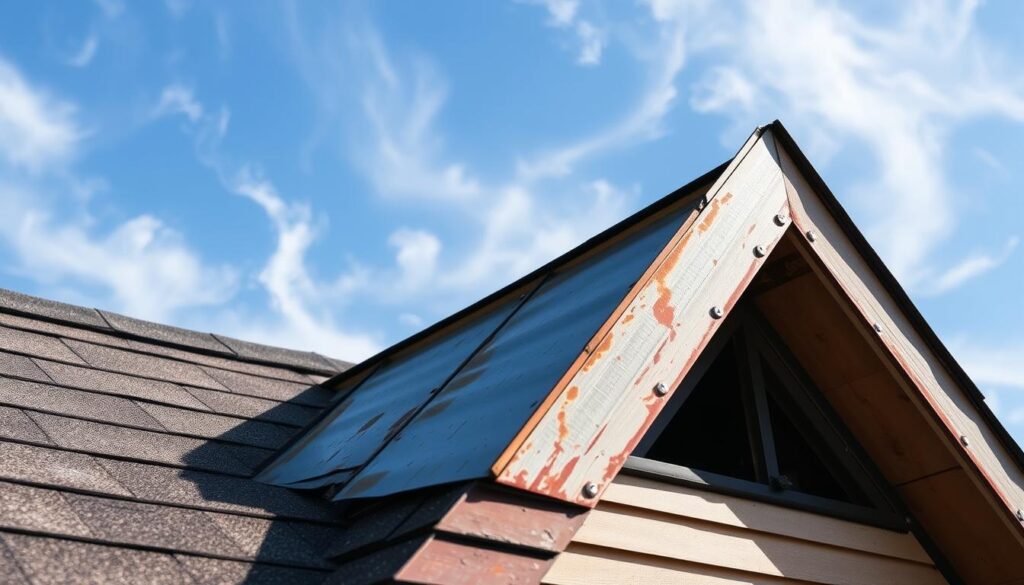 A rusted, weathered roof valley sits in the foreground, casting long shadows under the bright midday sun. The valley's metal panels are pitted and discolored, contrasting with the crisp lines of the surrounding shingles. In the middle ground, a worn, wooden fascia board supports the valley, its grain visible through the peeling paint. The background features a clear blue sky dotted with wispy clouds, creating a sense of openness and tranquility that belies the deterioration of the roof structure. The scene conveys a need for timely maintenance and repair, setting the stage for the article's exploration of the signs, process, and importance of addressing roof valley issues.