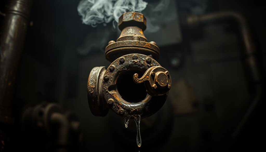 A rusting pressure relief valve, its casing cracked and leaking steam under high pressure, set against a dimly lit, industrial background. The valve's worn exterior and dripping condensation evoke a sense of neglect and potential danger. Harsh shadows cast by harsh overhead lighting accentuate the valve's weathered details, while a hazy atmosphere suggests the humid, confined space of a mechanical room or boiler plant. The scene conveys the need for vigilant maintenance and the importance of addressing relief valve issues promptly to ensure safety.