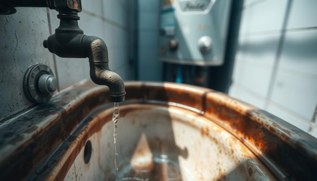 A rusty faucet dripping water, casting long shadows on a weathered sink basin. Water pooling on the tiled floor, with a slight discoloration suggesting mineral deposits. In the background, a worn water heater emits a faint hissing sound, its surface marked by flaking paint. The lighting is soft and moody, creating a sense of neglect and the need for repair. The scene evokes a sense of a malfunctioning, neglected plumbing system, with the leaks and strange noises indicating underlying issues that require attention.