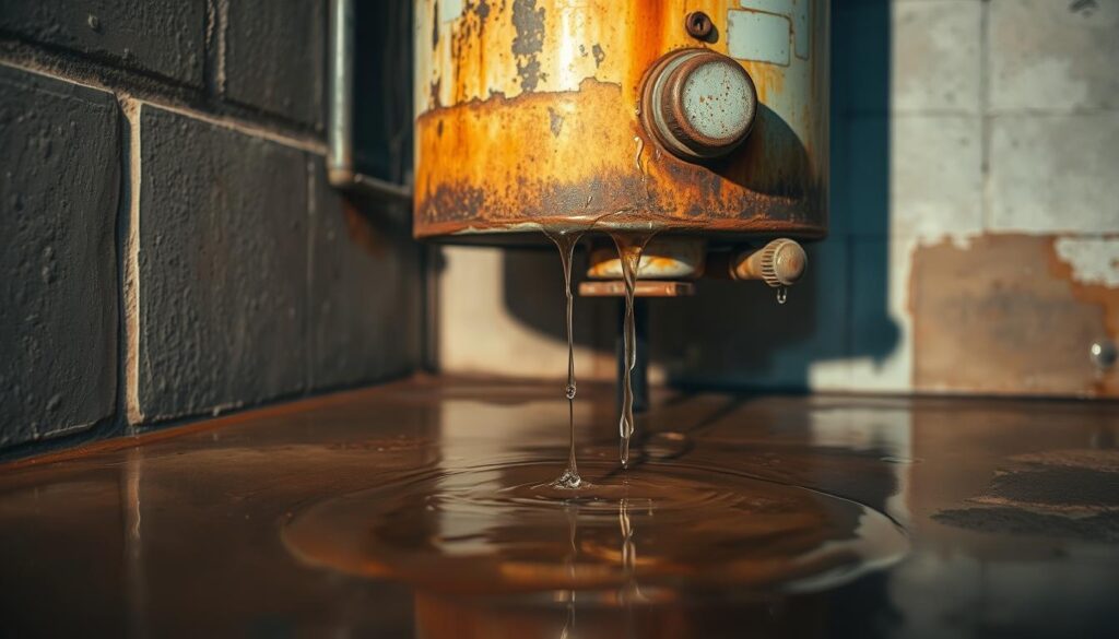 A rusty, leaking hot water tank, dripping water onto a dimly lit basement floor. The tank's exterior shows signs of age, with flaking paint and corrosion. In the foreground, a puddle of water gathers, reflecting the warm, muted tones of the scene. The lighting is soft and hazy, creating an atmosphere of neglect and decay. The background is blurred, drawing the viewer's attention to the central focus of the leaking tank. The overall mood conveys a sense of disrepair and the need for maintenance, reflecting the section title "Leaking or ageing hot water tanks that only deliver warm water".