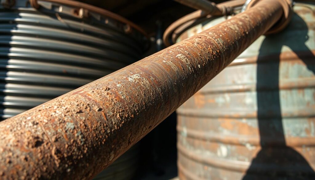 A rusty old water pipe, its surface pitted and corroded, running diagonally through the frame. In the background, a decrepit water storage tank, its metal walls stained and peeling. The lighting is harsh, casting dramatic shadows that emphasize the gritty, industrial aesthetic. The overall mood is one of neglect and deterioration, hinting at the problems plaguing the water supply system. The camera angle is slightly low, giving a sense of the pipe's dominance and the viewer's vulnerability. The entire scene conveys a sense of disrepair, suggesting the challenges homeowners face when dealing with aging plumbing and water infrastructure.