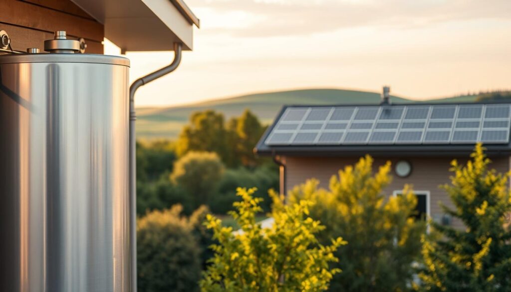 A sleek, modern home with energy-efficient design. In the foreground, a well-insulated water heater tank stands prominently, its metallic surface reflecting the warm, diffused lighting. The middle ground features an array of solar panels on the rooftop, capturing the sun's rays and converting them into clean, renewable energy. In the background, a lush, green landscape with trees and rolling hills sets a tranquil, eco-friendly atmosphere. The scene is bathed in a soft, golden glow, conveying a sense of warmth, sustainability, and efficiency. The overall composition emphasizes the harmonious integration of technology and nature, highlighting the importance of energy-efficient solutions for the home.