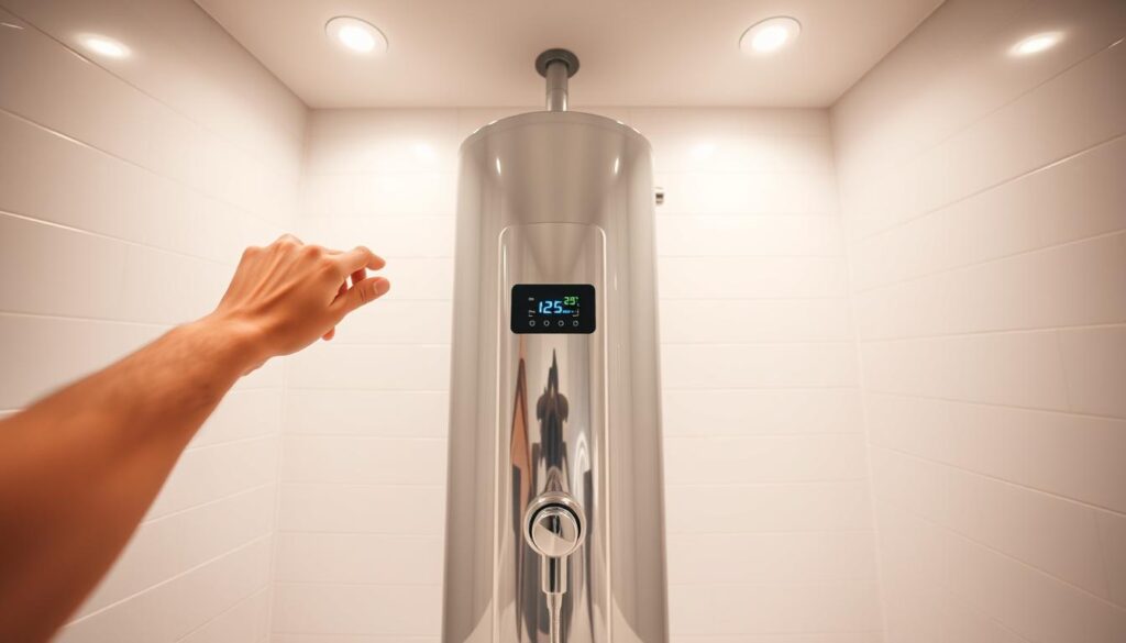 A sleek, modern hot water heater standing in a bright, minimalist bathroom. The appliance gleams with a chrome finish, its digital display showcasing the set temperature. Crisp, even lighting from recessed ceiling fixtures bathes the scene in a warm, welcoming glow. The tiled floor and walls give a sense of reliable durability. In the foreground, a hand reaches out to adjust the controls, conveying the ease of use. The overall atmosphere radiates efficiency, simplicity, and the comforting assurance of always-available hot water.