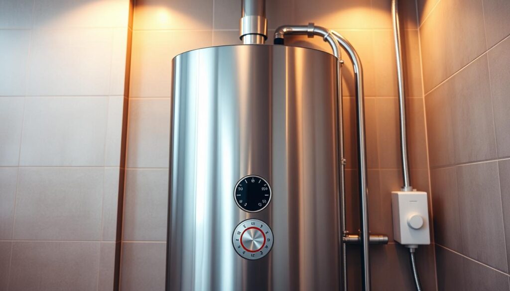 A sleek, modern hot water system takes center stage, its gleaming stainless steel exterior reflecting the warm lighting of the minimalist bathroom. In the foreground, the control panel displays intuitive temperature and flow settings, while the middle ground showcases the system's efficient piping and insulation. The background features a neutral-toned tile wall, creating a sense of calm and cohesion. The scene conveys a balance of form, function, and energy-conscious design, perfectly suited for a family's hot water needs.