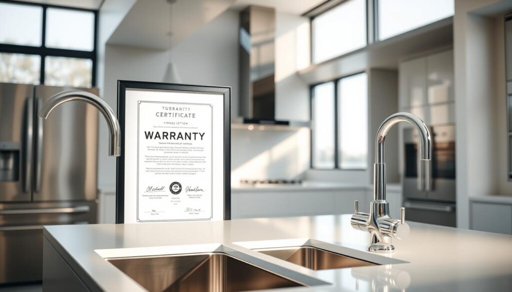 A sleek, modern kitchen interior with a polished stainless steel sink and faucet. Sunlight streams through large windows, casting a warm glow on the shiny chrome surfaces. In the foreground, a framed warranty certificate hangs prominently on the wall, its crisp edges and official-looking design conveying a sense of trust and reliability. The background features high-end appliances, gleaming countertops, and minimalist cabinetry, creating an atmosphere of professionalism and attention to detail. The overall scene evokes a sense of confidence in the plumbing system's quality and the homeowner's peace of mind.