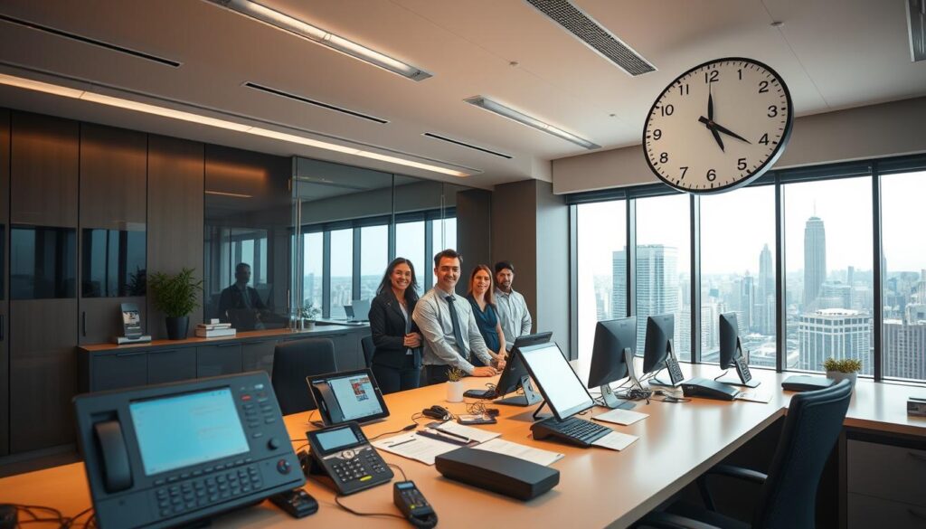 A sleek, modern office interior with a large window overlooking a bustling city skyline. The desk in the foreground features a state-of-the-art communications hub, with an array of phones, screens, and other equipment. Soft, warm lighting illuminates the space, creating a professional yet welcoming atmosphere. In the middle ground, a team of knowledgeable and attentive staff are ready to assist, their expressions conveying a sense of dedication and responsiveness. The background showcases the 24/7 availability, with a clock face prominently displayed, underscoring the round-the-clock availability of the service.
