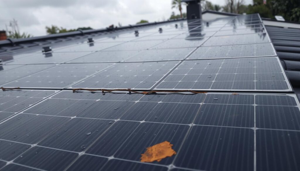 A solar panel roof with visible leaks and water damage, captured in a detailed, high-resolution image. The panels are partially obscured by rain clouds, casting a gloomy, overcast atmosphere. Droplets of water are visible on the surface of the panels, and discoloration or staining can be seen around the edges where leaks have occurred. The roof structure and surrounding architecture are clearly visible in the background, providing context. The image should convey a sense of the technical and practical challenges involved in addressing solar panel-related roof leaks.