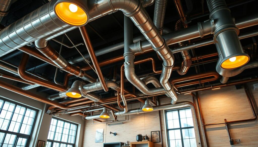 A spacious interior with exposed plumbing pipes running along the ceiling and walls. The pipes are in various sizes and materials, including copper, PVC, and galvanized steel, with intricate twists and turns. The lighting is a combination of warm overhead fixtures and natural light streaming in through large windows, casting interesting shadows and highlights on the pipes. The atmosphere is one of industrial chic, with the exposed pipes serving as a focal point and design element. The image conveys a sense of vulnerability and potential hazards, hinting at the risks of curious pets interacting with the exposed plumbing.