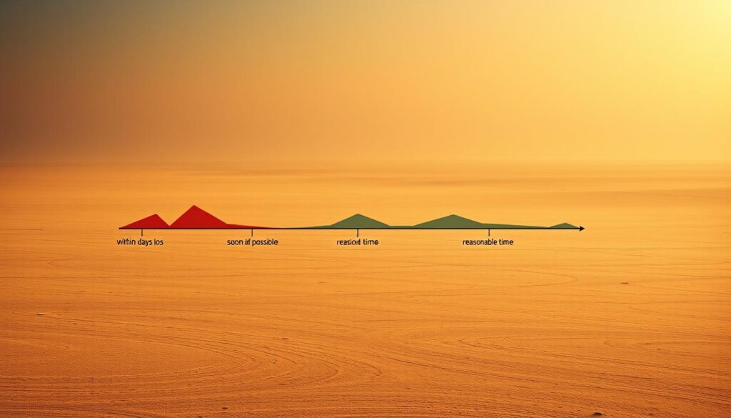 A sprawling timeline stretches across a vast, minimalist landscape. Three distinct sections emerge - "within days", "soon as possible", and "reasonable time" - each represented by a unique visual motif. The foreground features dynamic, angular shapes in vibrant hues, suggesting a sense of urgency and importance. The middle ground showcases more muted, organic forms, conveying a calming, measured pace. In the background, subtle, ethereal elements drift, evoking a contemplative, timeless quality. Warm, directional lighting casts dramatic shadows, while a slightly hazy, atmospheric tone permeates the scene, creating a sense of depth and atmosphere. The overall composition is balanced and visually striking, perfectly capturing the essence of the "Timelines that matter" concept.