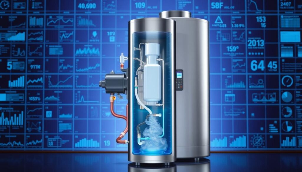 A stainless steel heat pump water heater sits prominently in the foreground, its sleek lines and modern design suggesting efficient energy performance. Behind it, a cutaway view reveals the internal components - compressor, heat exchanger, and controls - all working in harmony to capture ambient heat and transfer it to the water tank. The background is filled with a softly glowing, blue-tinted grid of performance graphs and technical diagrams, conveying the wealth of data and analytics available to monitor the system's operation. Bright, directional lighting illuminates the scene, casting dramatic shadows and highlights that emphasize the technological sophistication of this cutting-edge home energy solution.