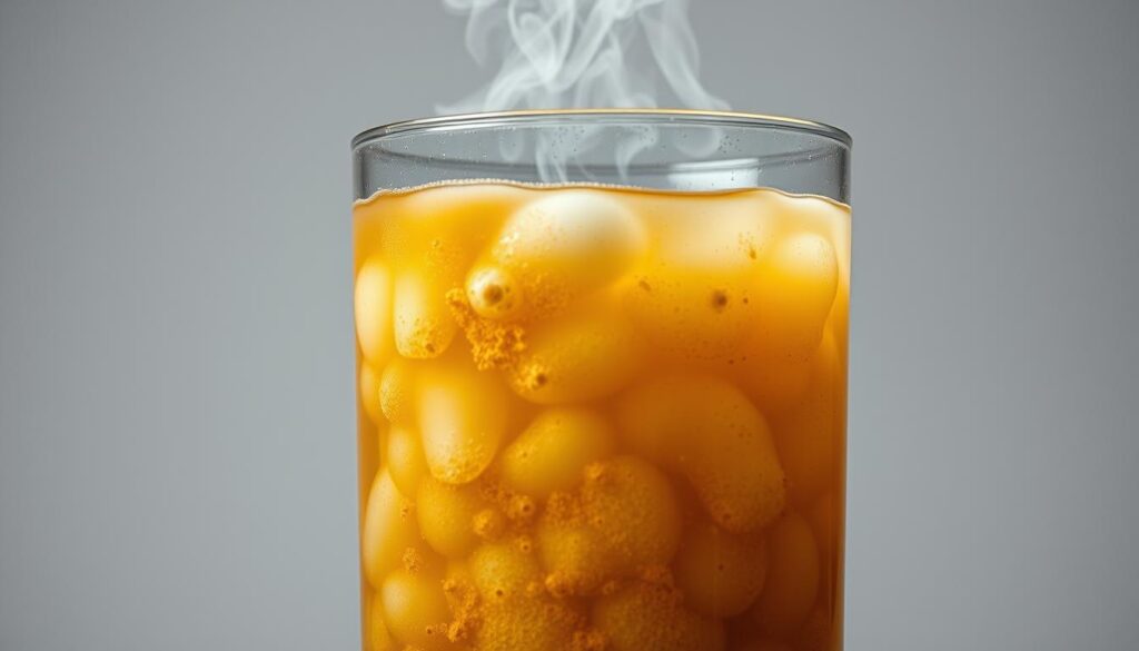 A steaming glass container filled with discolored, murky water emitting a pungent, sulfurous odor. The water is bubbling and swirling, hinting at the invisible bacterial activity within. The container is set against a plain, muted background, drawing the viewer's focus to the unappealing, yet intriguing, sight of the smelly hot water. Subtle lighting from above casts soft shadows, enhancing the sense of depth and texture. The overall mood is one of unease and curiosity, inviting the viewer to investigate the source and potential causes of this unpleasant phenomenon.